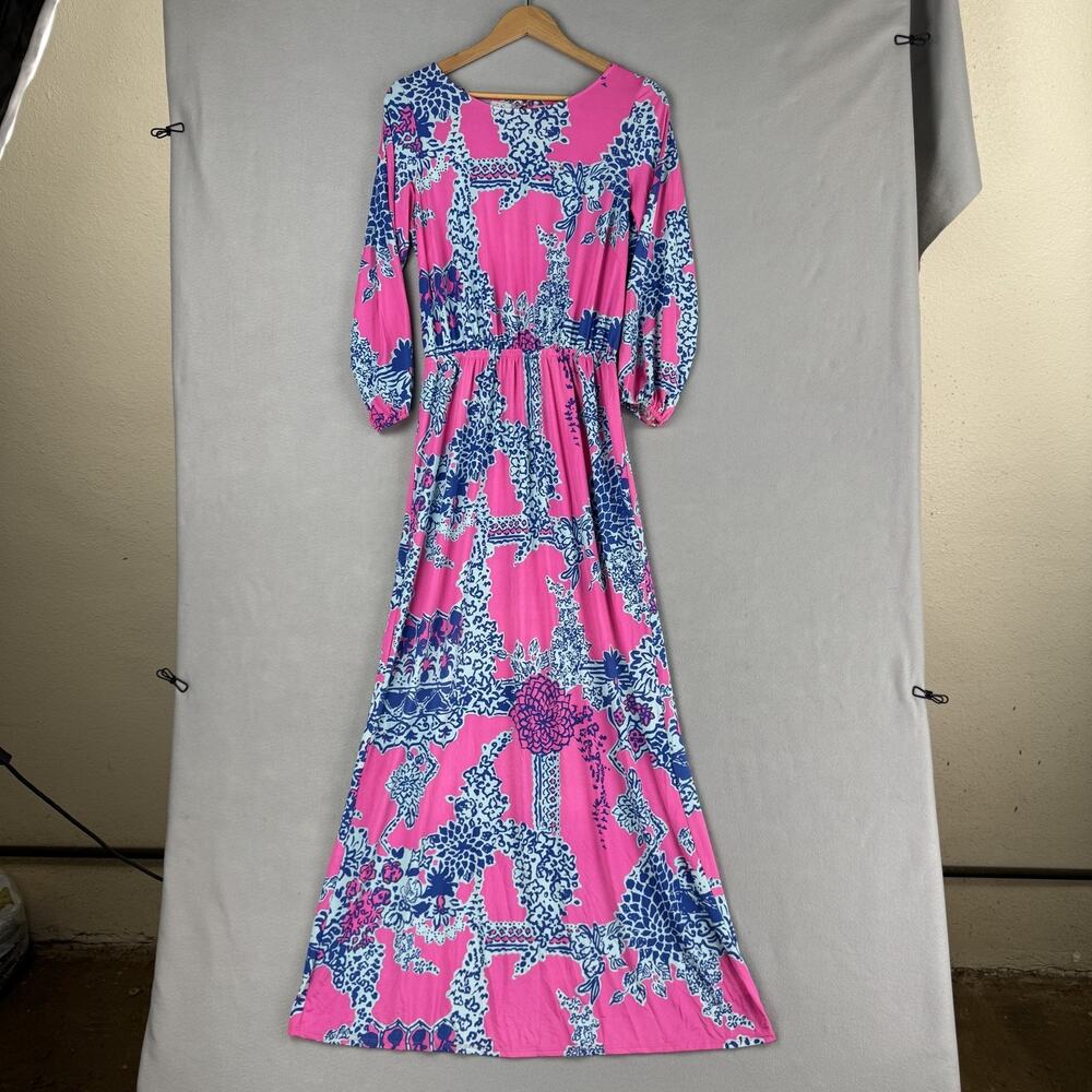 Lilly Pulitzer Dress Womens Large Pink Floral Maxi Scoop Neck 3/4 Sleeve Print